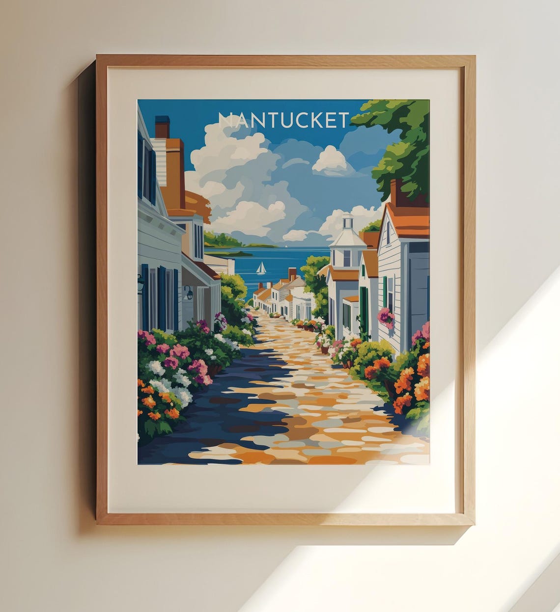 Nantucket Vintage Travel Poster Cobblestone Lane Harbor Sailboat