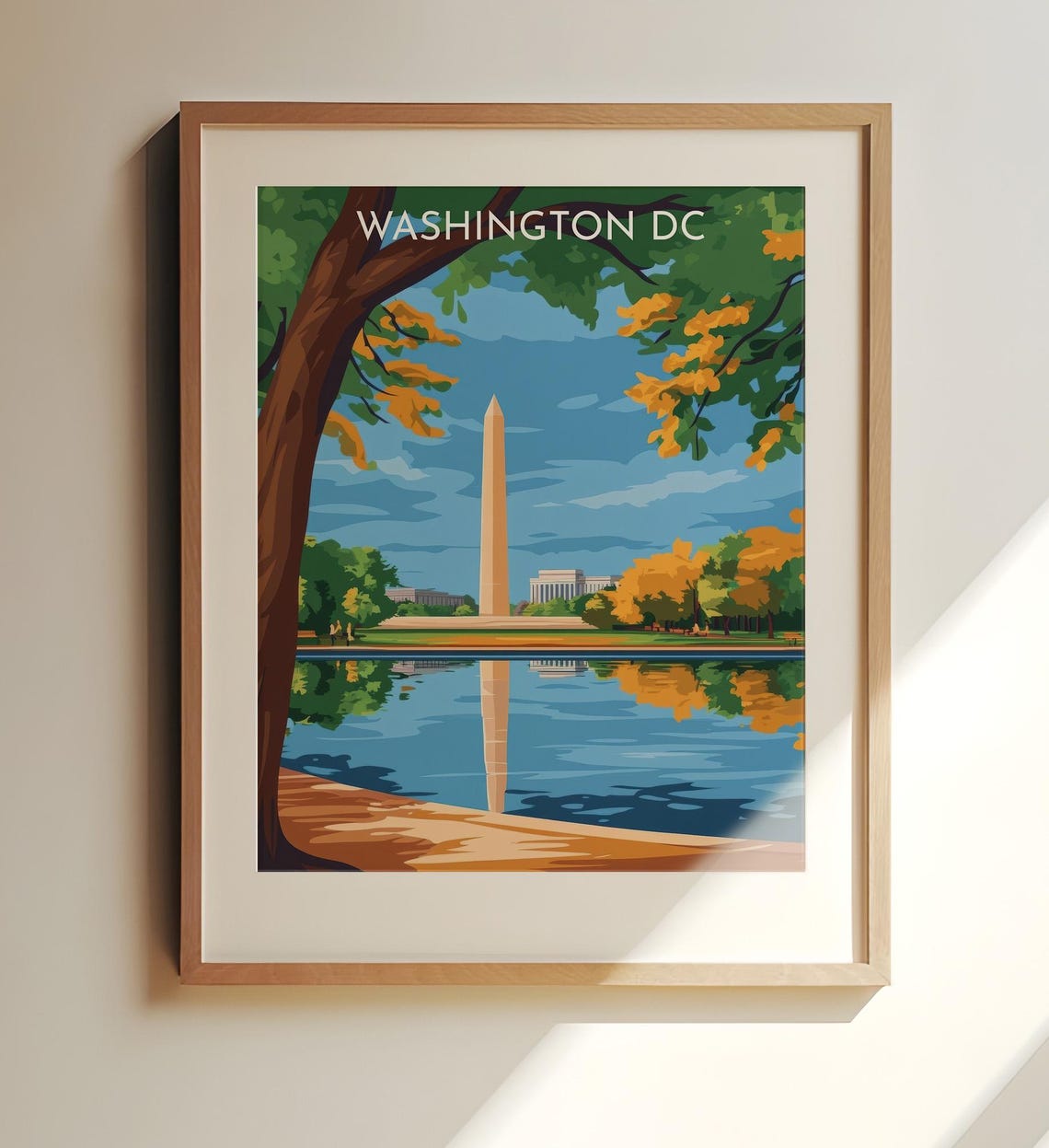 Washington DC Monument Reflecting Pool Autumn Travel Art Poster