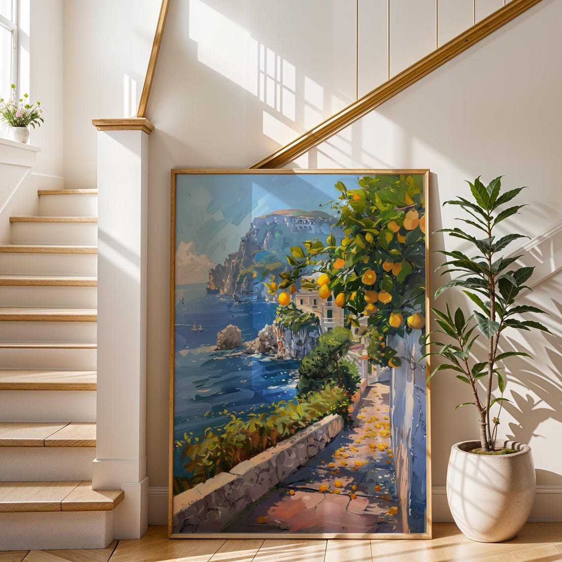 Amalfi Coast Lemon Path Italian Seaside Landscape Wall Art Summer Mediterranean Coastal Decor