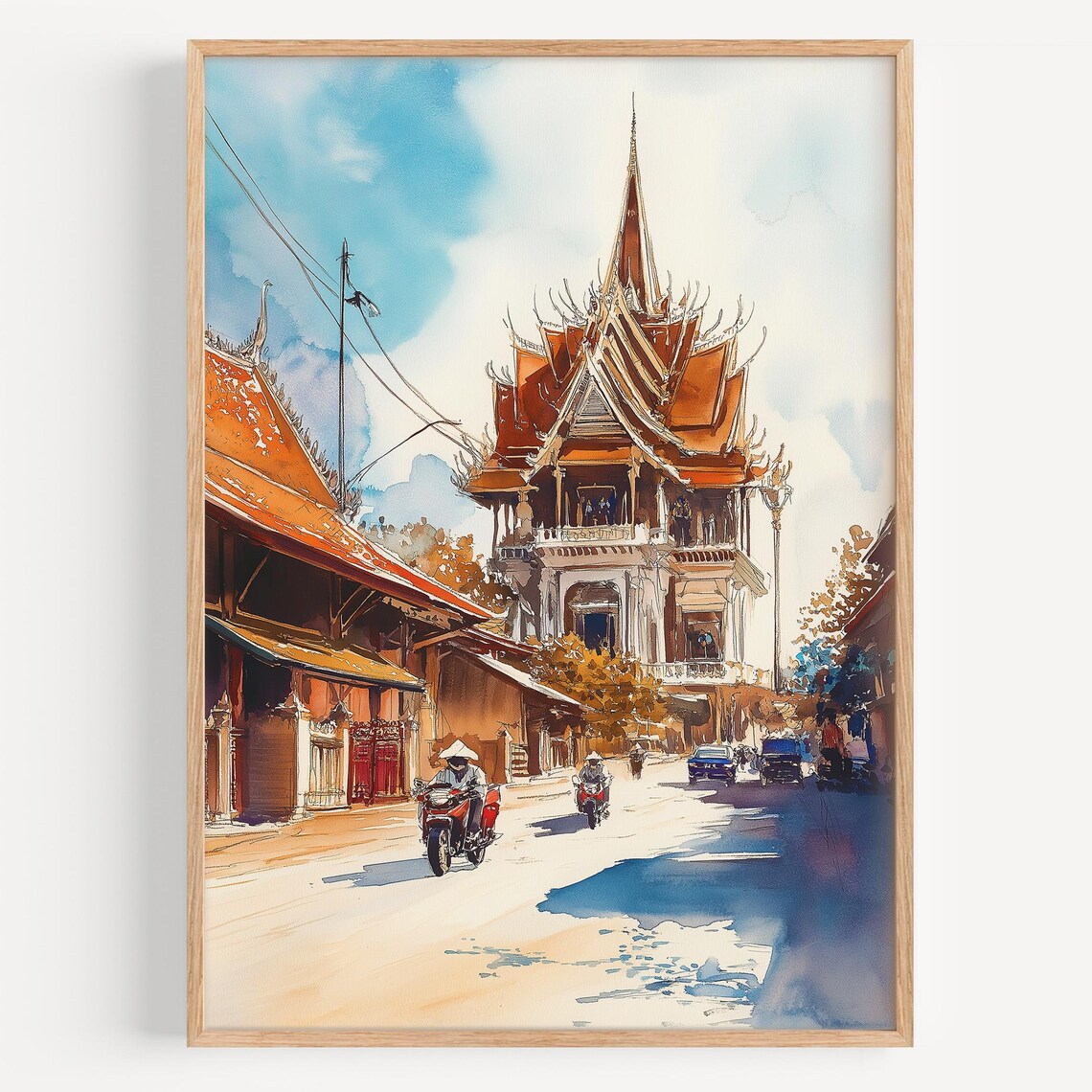 Vientiane Laos Temple Street Watercolor Motorbikes Southeast Asia Travel Poster