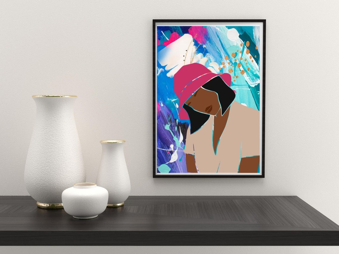 Pink Hat Woman Blue Abstract Splashes Colorful Portrait Art Poster - Image 4