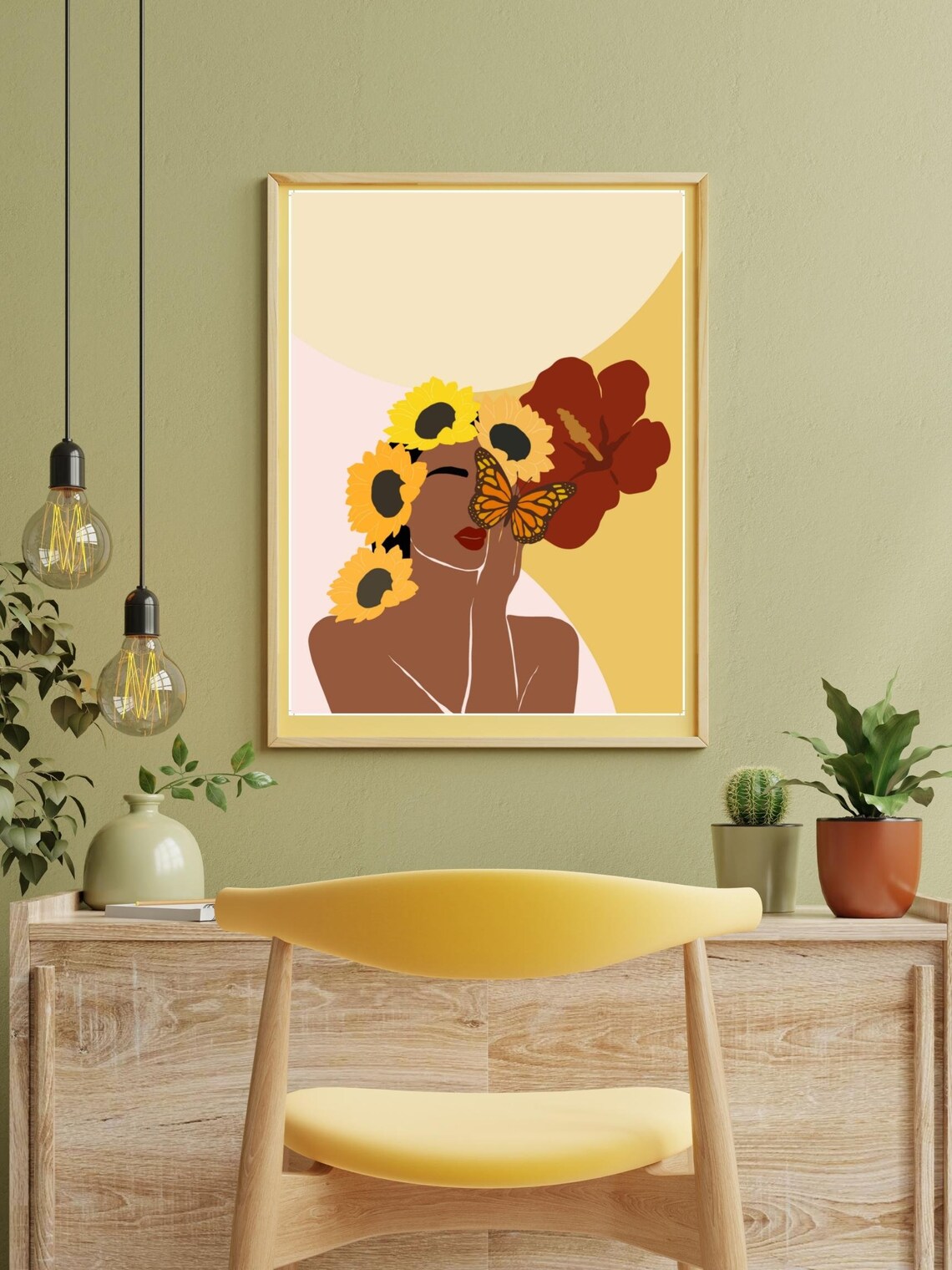 Flower Child Woman Sunflowers Butterfly Warm Yellow Art Poster - Image 3