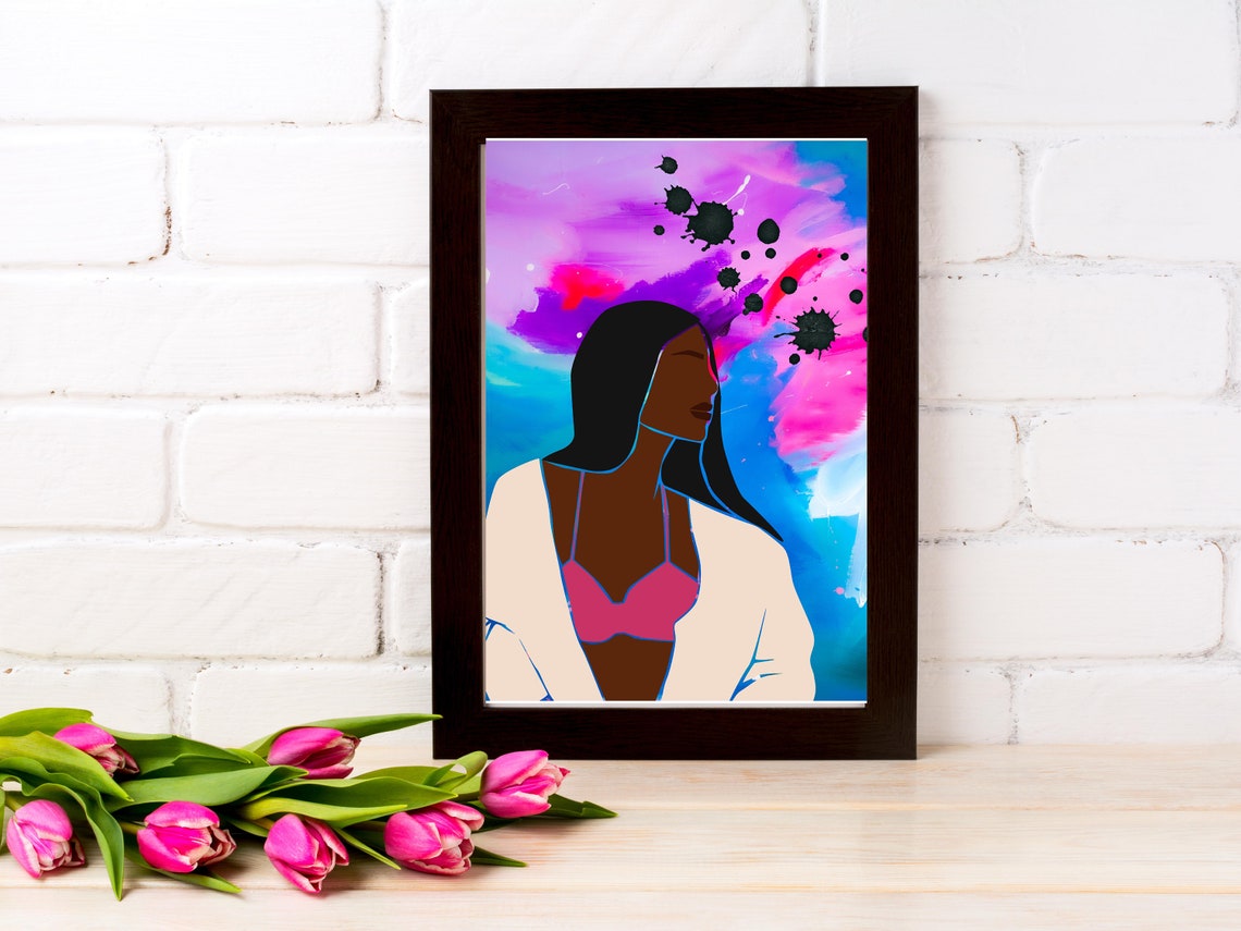 Bold Woman Pink Bra White Robe Colorful Paint Splash Art Poster