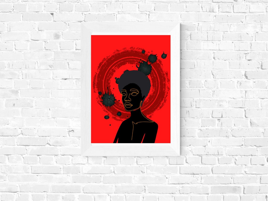 Red Background Black Woman Gold Line Art Paint Splatter Poster - Image 4