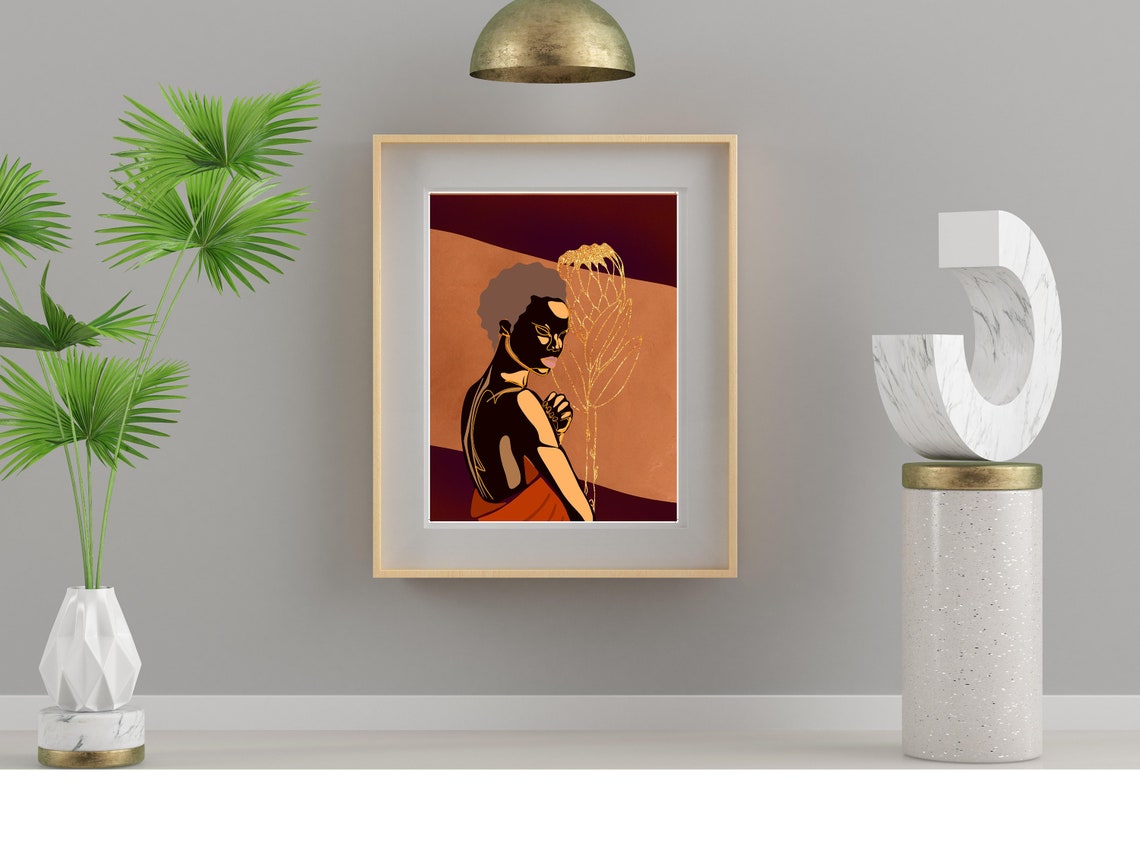 Black Woman Golden Protea Glitter Flower Terracotta Art Poster - Image 4