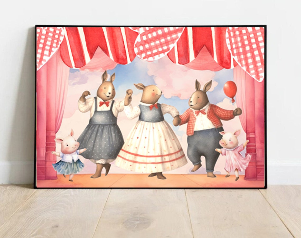 Dancing Rabbits And Pigs Stage Curtain Kids Illustration Poster