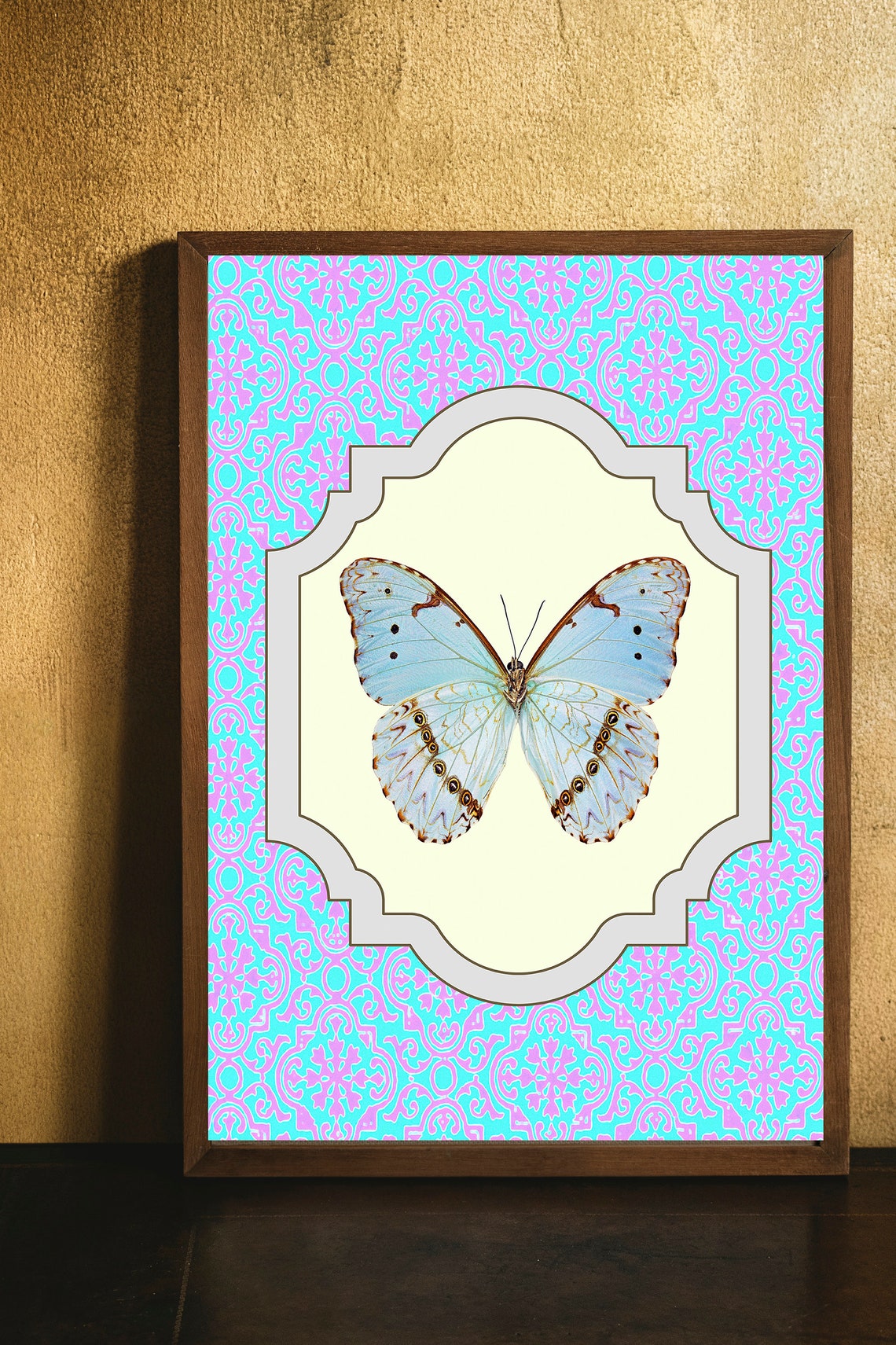 Pale Blue Butterfly Botanical Illustration Turquoise Pattern Print