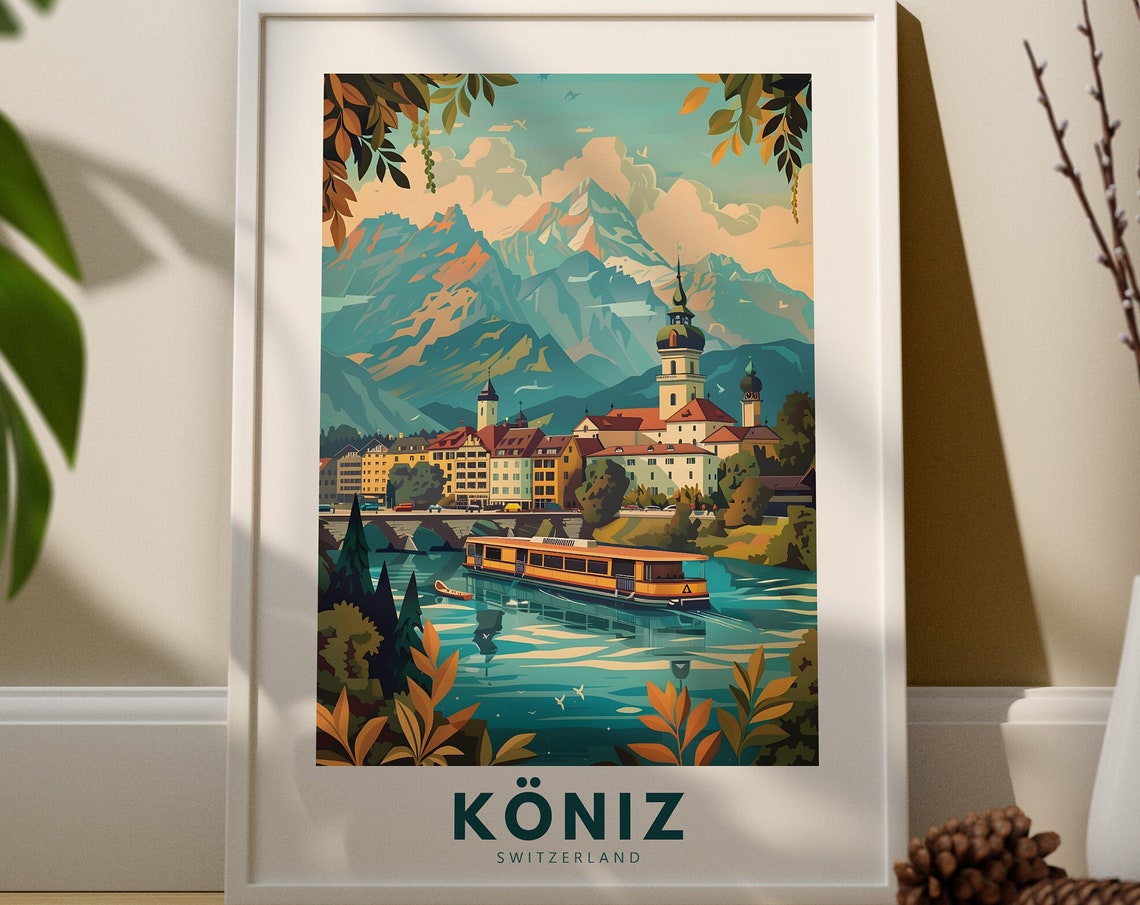 Koniz Switzerland Travel Poster Alpine Lake Mountains Old Town View