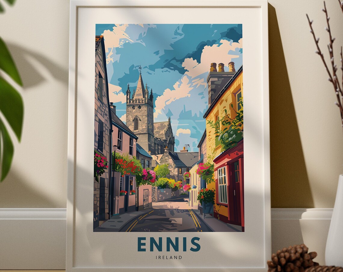 Charming Ennis Ireland Church Street Flowers Vintage Travel Poster