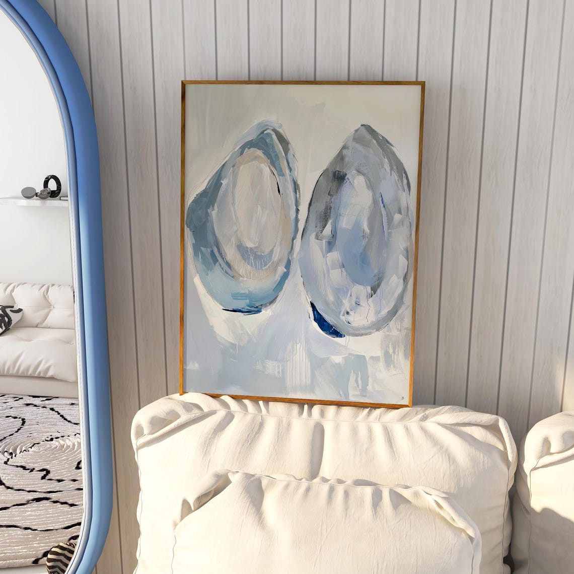 Twin Painted Blue Oyster Shells Abstract Coastal Style Wall Art