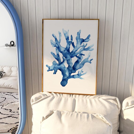 Minimalist Blue Watercolor Coral Sea Branch Coastal Art Poster