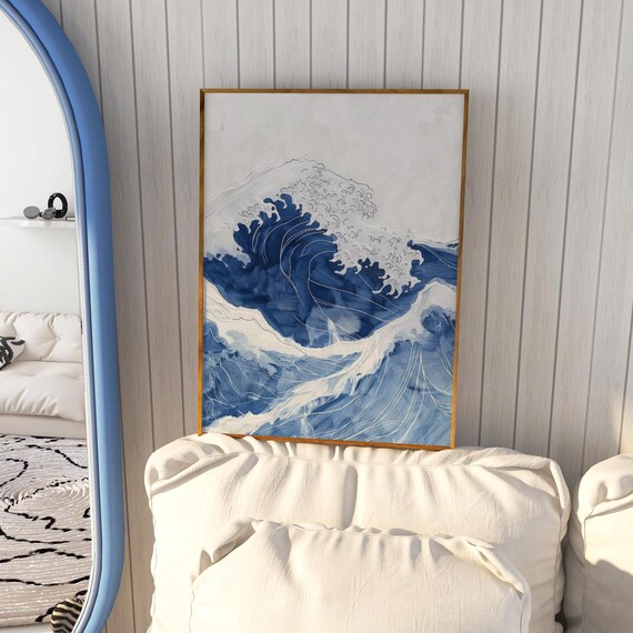 Indigo Blue Great Rolling Wave Japanese Woodblock Style Poster