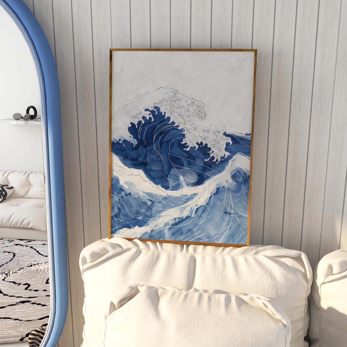 Indigo Blue Great Rolling Wave Japanese Woodblock Style Poster