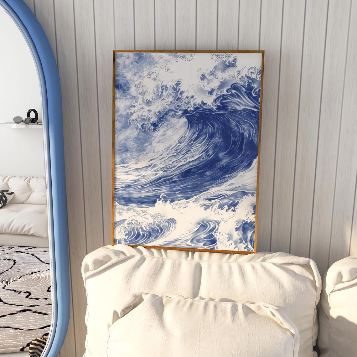 Blue And White Japanese Great Wave Crashing Ocean Wall Decor Poster