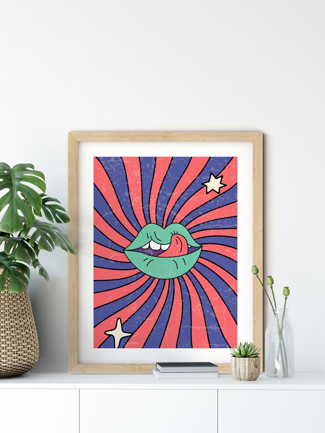 Retro Green Lips Tongue Out Sunburst Pop Art Bold 70s Poster - Image 2