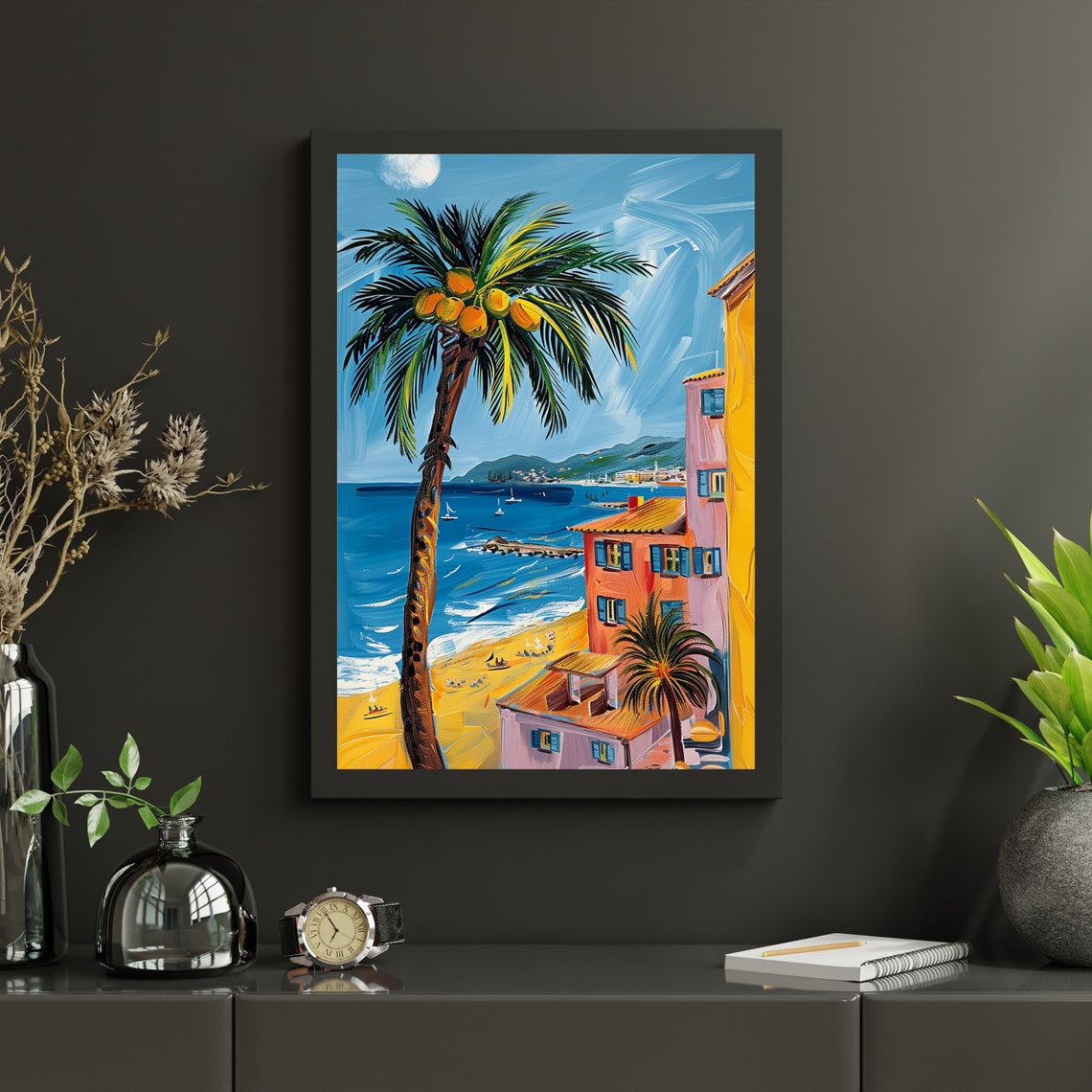 Tall Palm Tree Overlooking a Colorful Beach and Sailboats Poster - Image 3