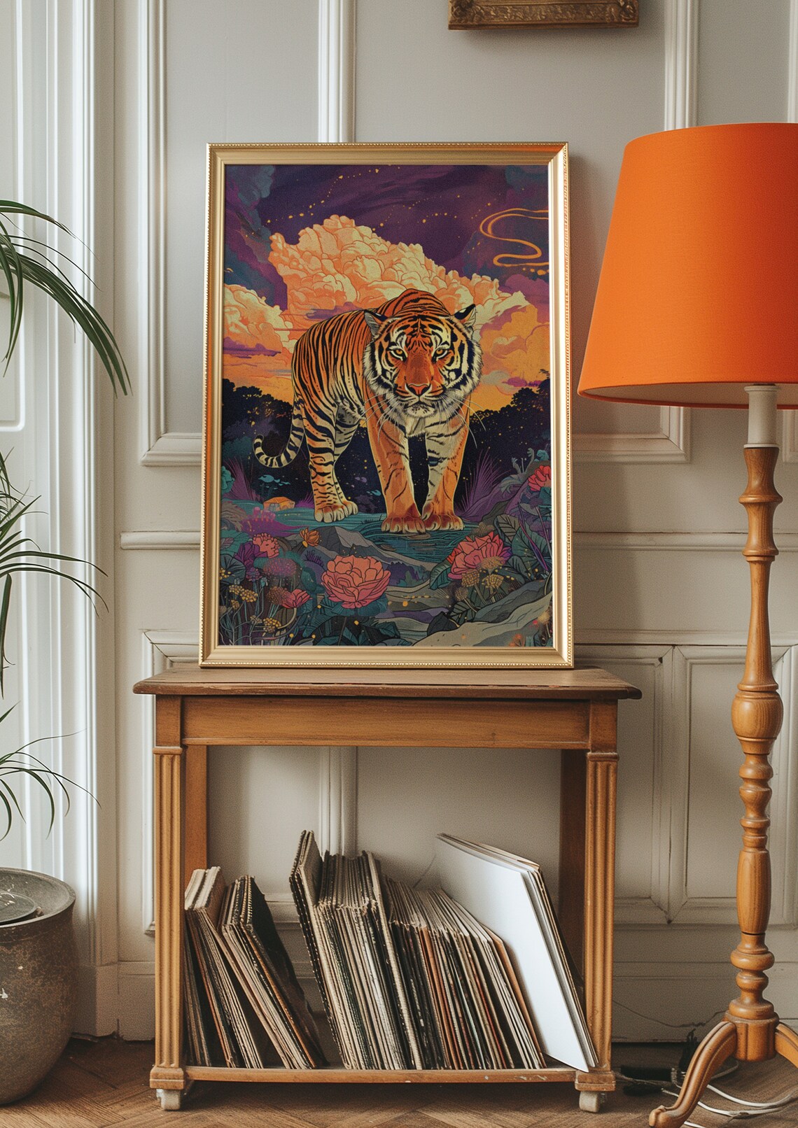 Tiger Walking Through a Vibrant Night Jungle with Flowers Poster - Image 2