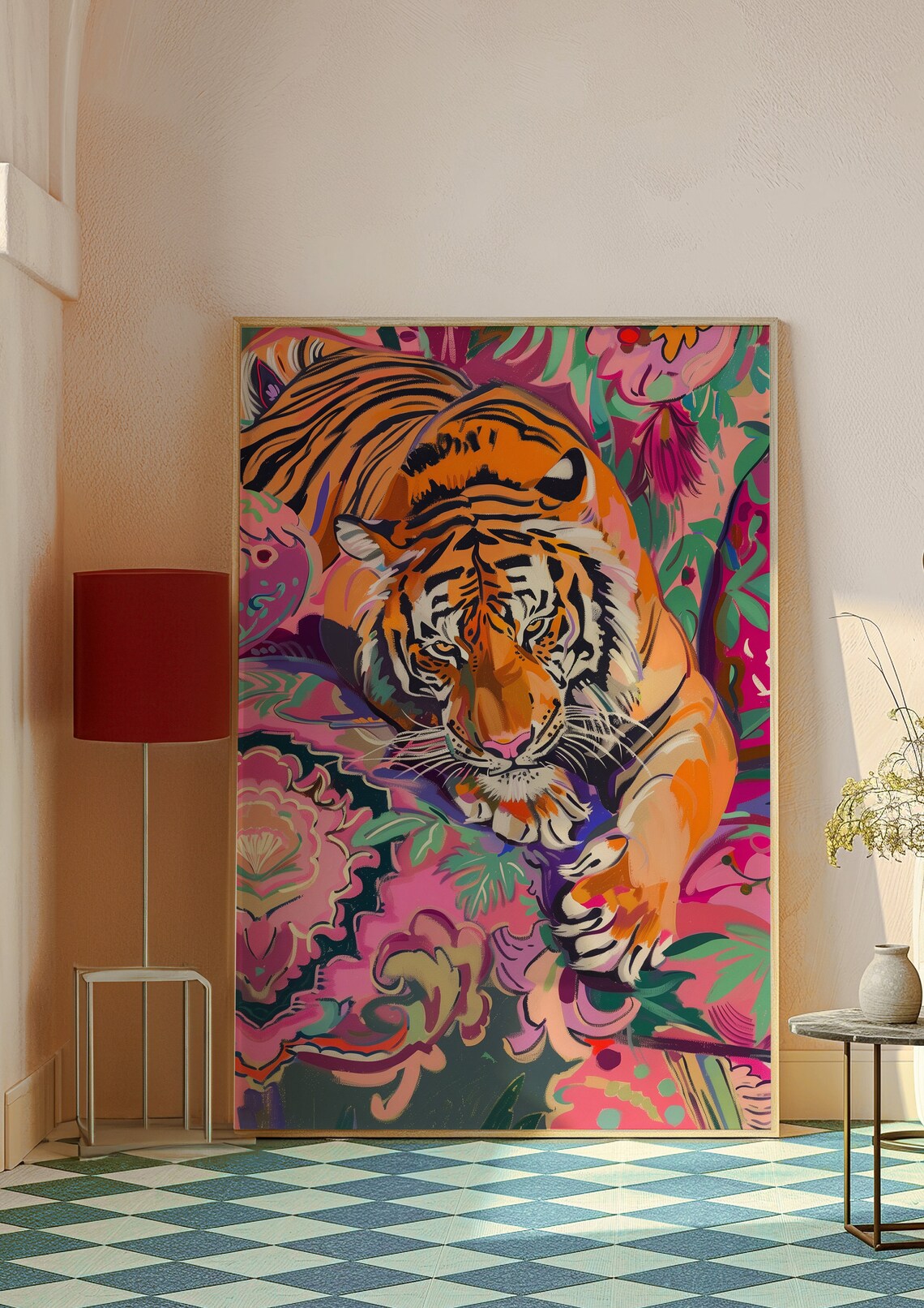 Orange Tiger Resting Among Pink Flowers Maximalist Art Print - Image 7
