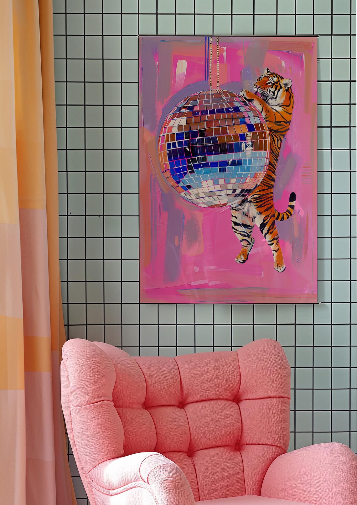 Tiger On Hanging Disco Ball Art Print Vibrant Pink Background Unique Modern Wall Decor Animal And Disco Theme Bold Home Decor - Image 5