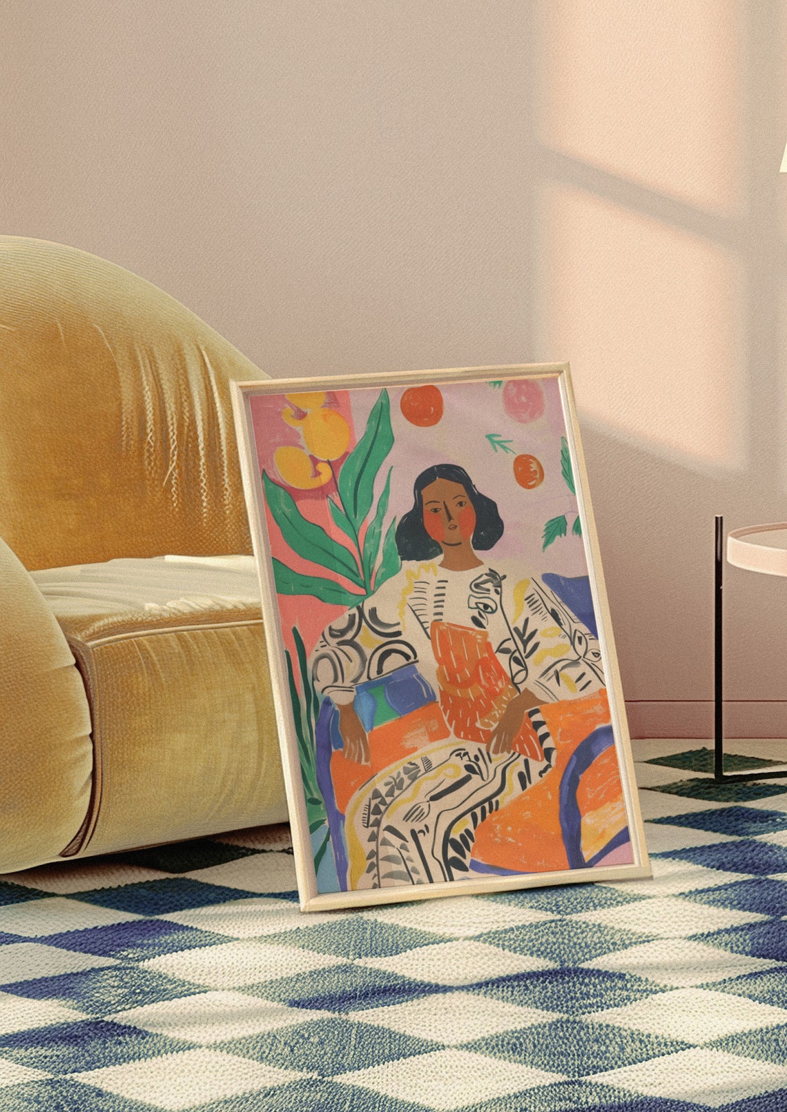 Serene Woman in Patterned Robe Beneath Citrus Fruit Trees Poster - Image 2