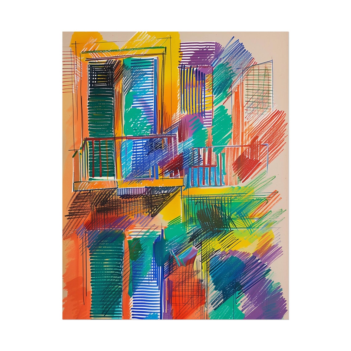 Expressive Colorful City Facade Sketch Urban Abstract Wall Art - Image 2