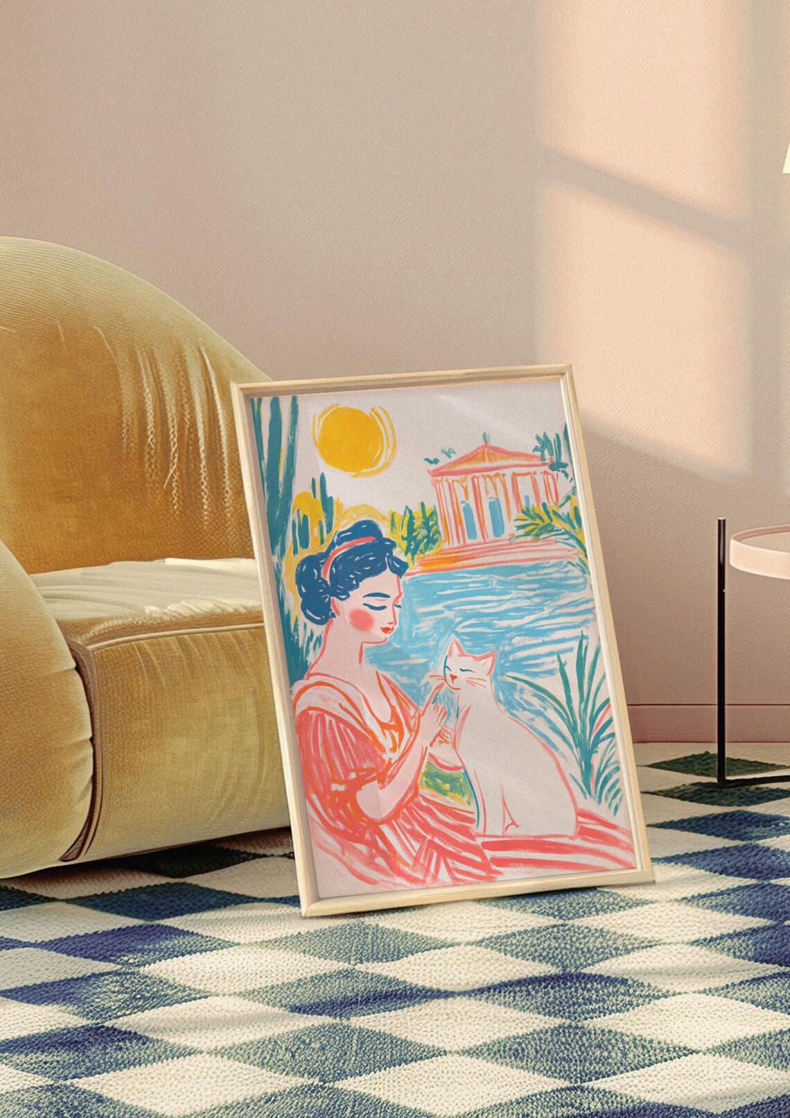 Woman With White Cat by Mediterranean Temple Sunny Illustration Poster - Image 9