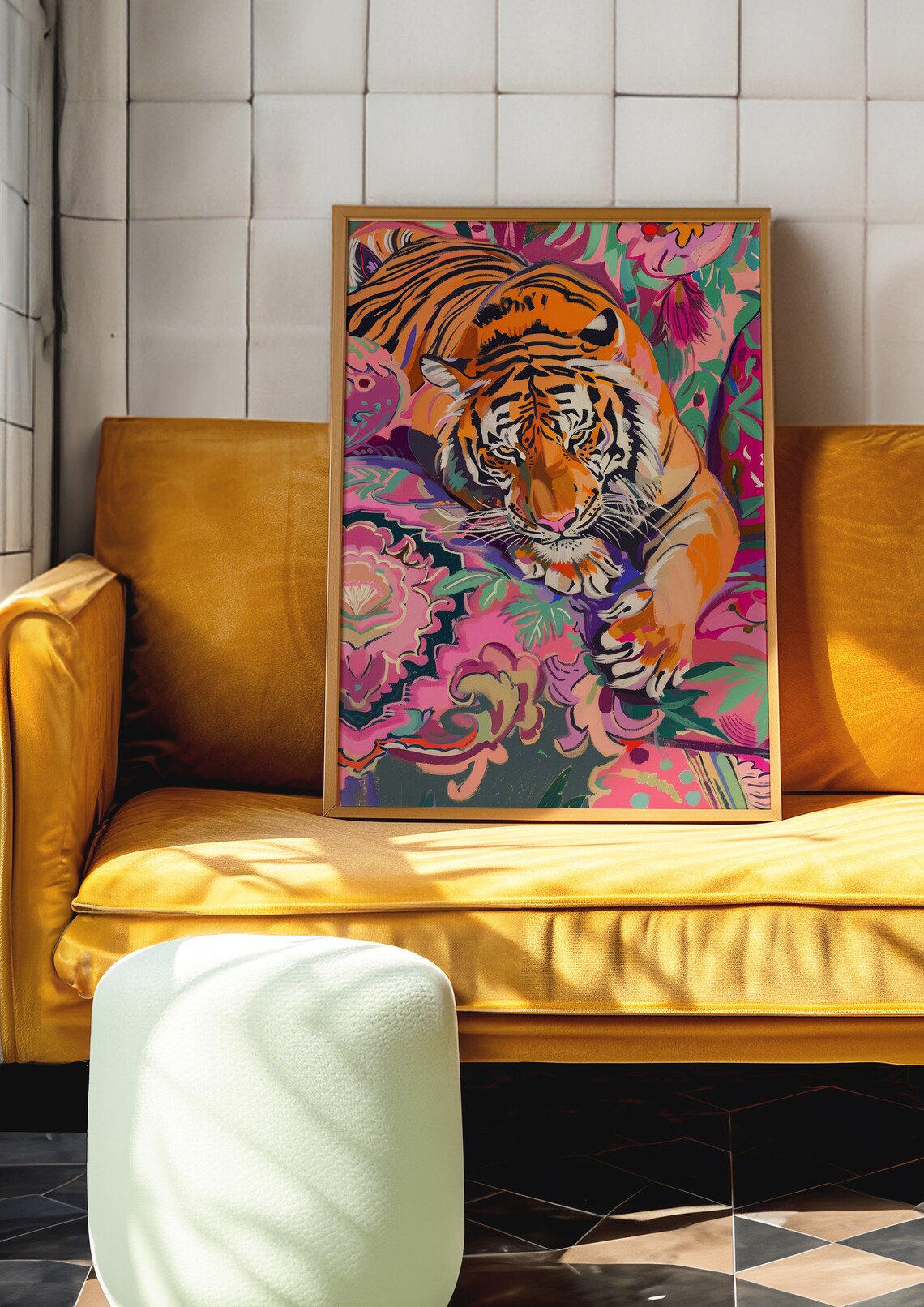 Orange Tiger Resting Among Pink Flowers Maximalist Art Print - Image 3