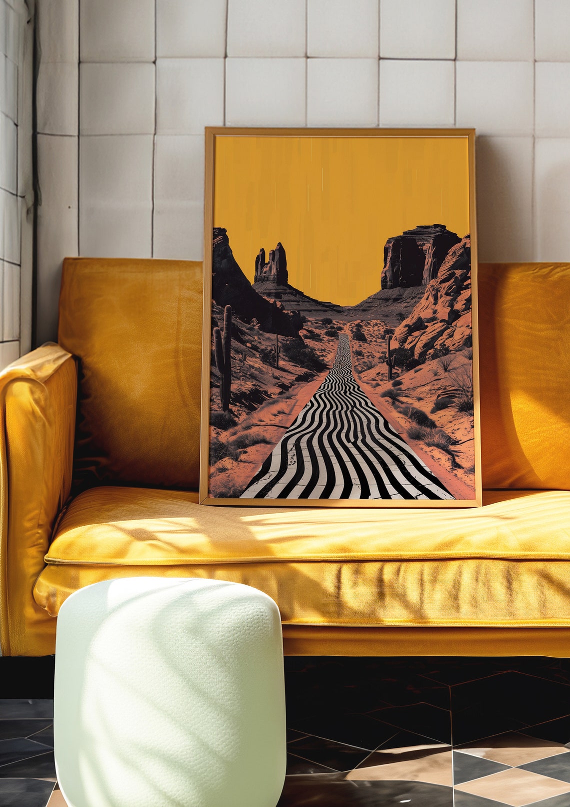 Graphic Wavy Striped Desert Canyon Road Under Golden Sky Poster - Image 4