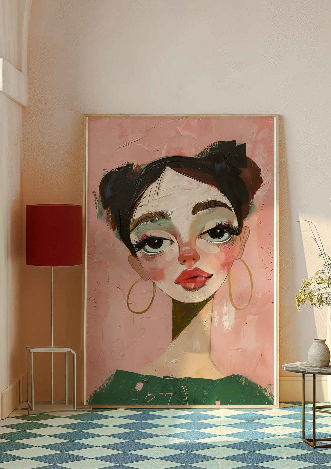 Whimsical Woman Portrait with Gold Hoop Earrings on Pink Poster - Image 4