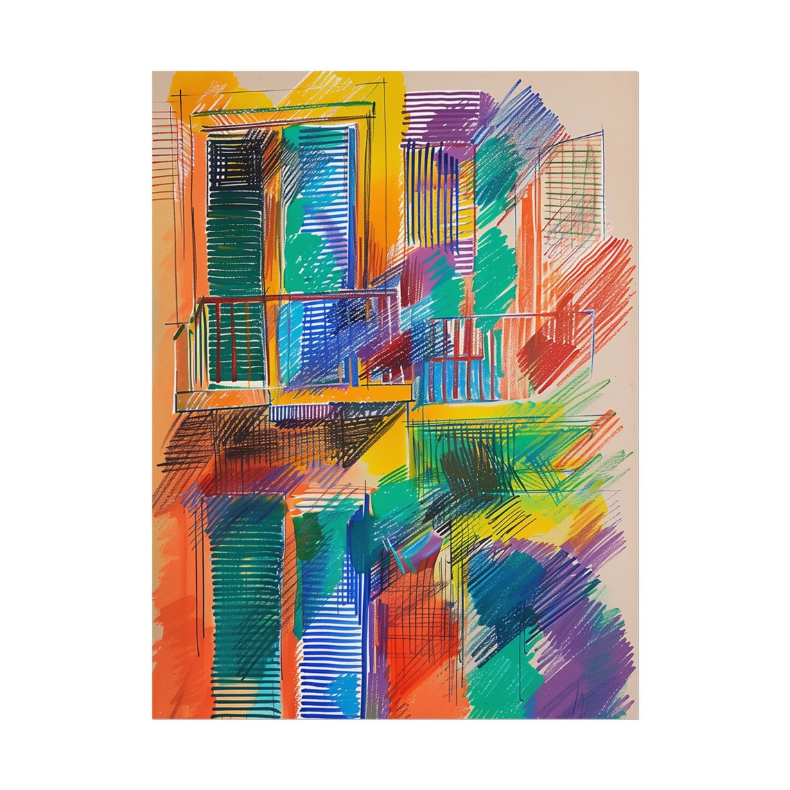 Expressive Colorful City Facade Sketch Urban Abstract Wall Art - Image 7