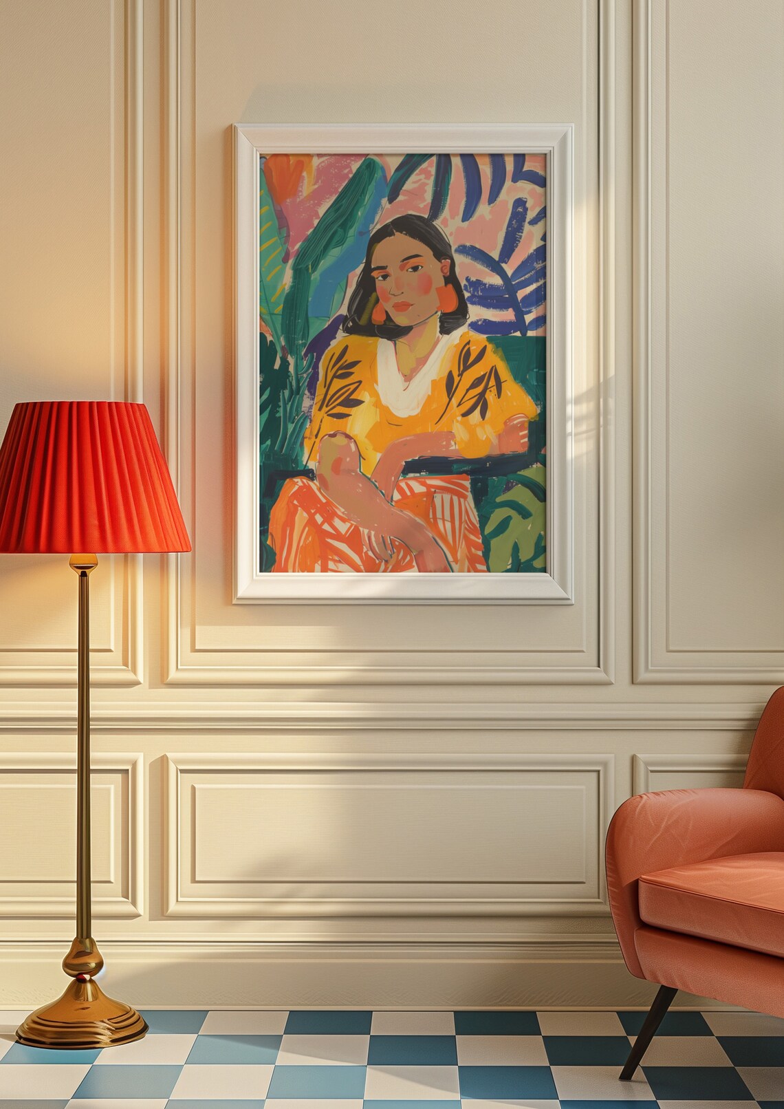 Vibrant Tropical Portrait of a Woman with Bold Green Leaves Poster - Image 8