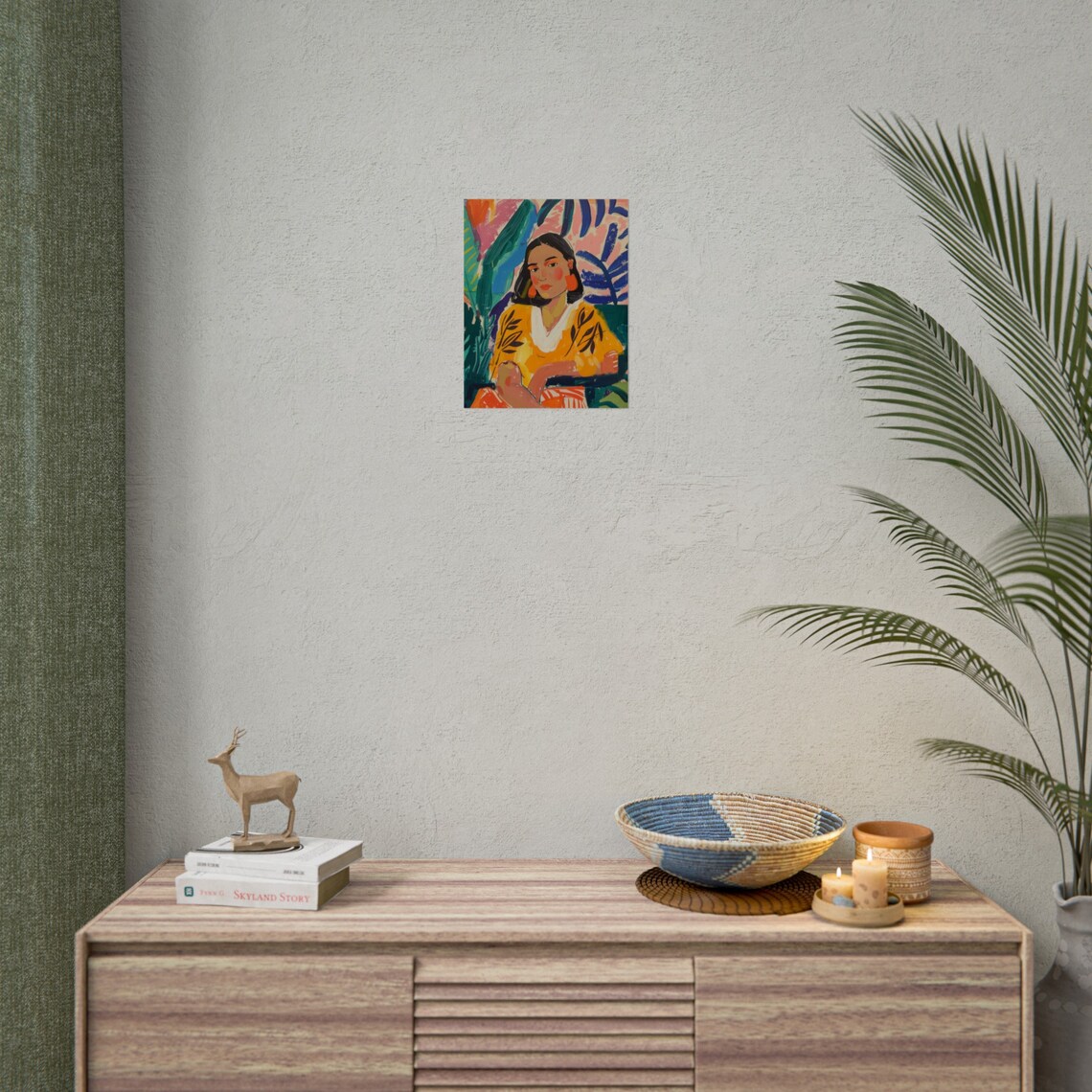 Woman in Yellow Dress Among Tropical Leaves Colorful Portrait Poster - Image 2