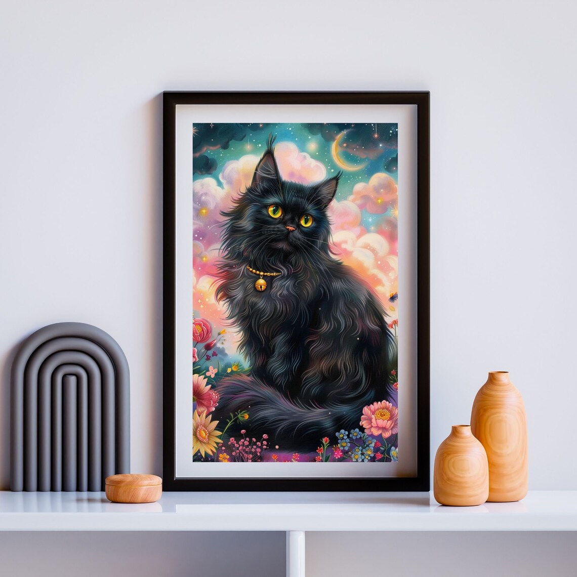 Dreamy Black Cat Fantasy Poster With Flowers Under Cosmic Night Sky - Image 3