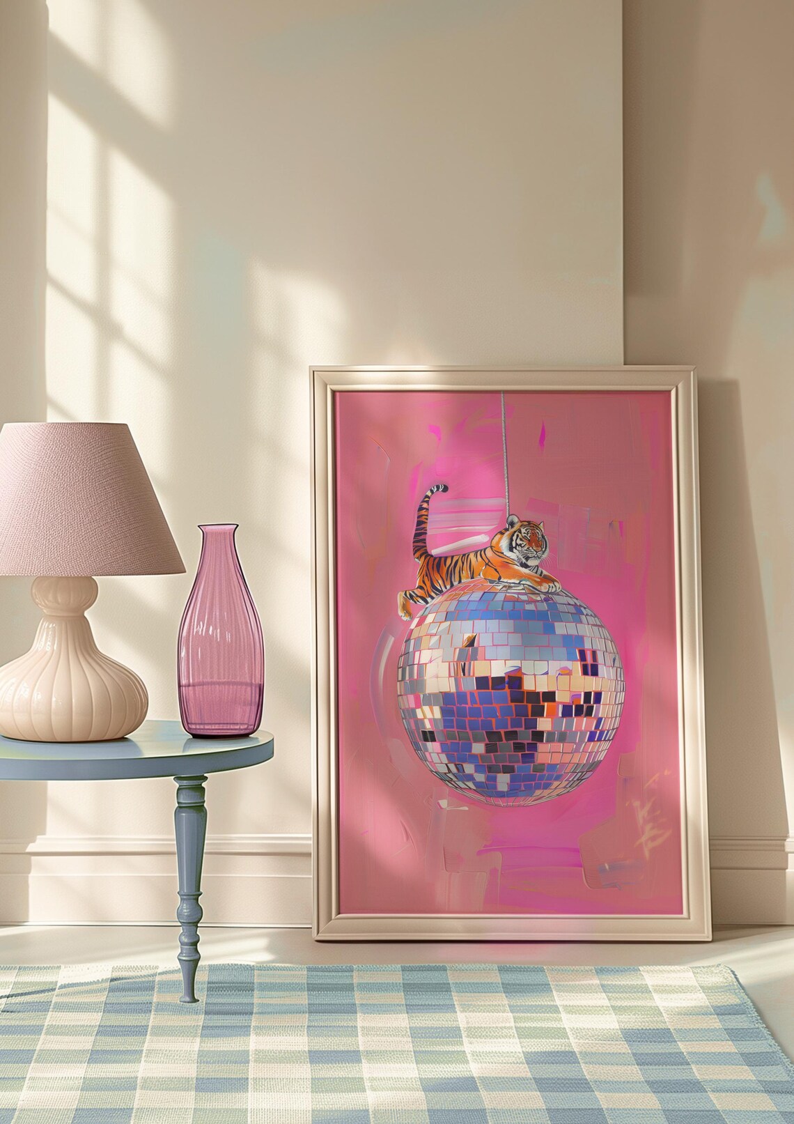 Tiger Lounging on Top of Giant Disco Ball Pink Maximalist Animal Poster - Image 9