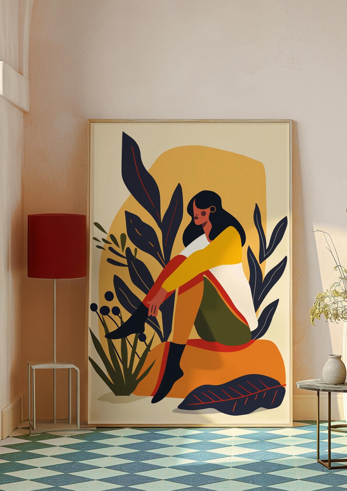 Seated Woman Among Bold Botanical Leaves Boho Nature Illustration Poster - Image 7