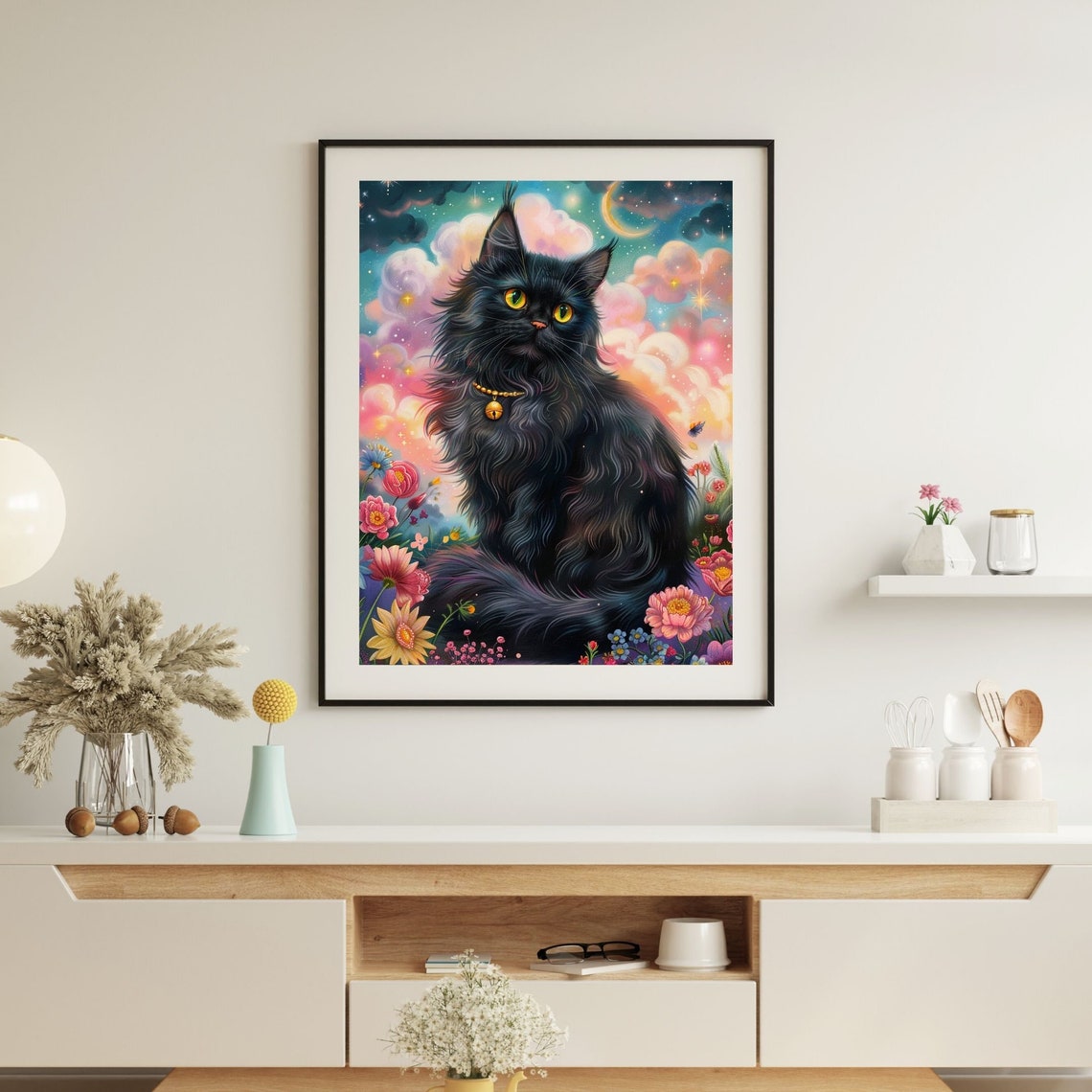 Dreamy Black Cat Fantasy Poster With Flowers Under Cosmic Night Sky - Image 7