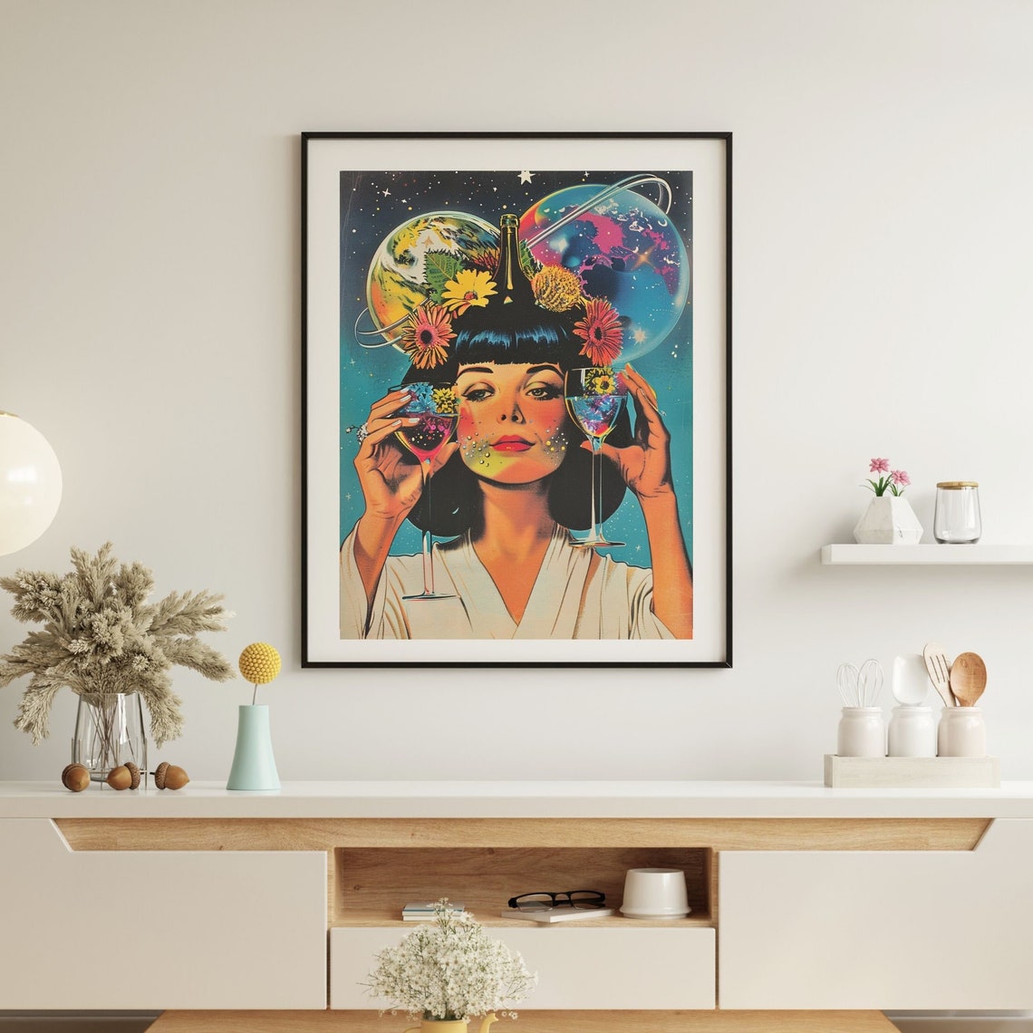 Retro Wine Woman Poster With Two Glasses Flowers And Planets - Image 3