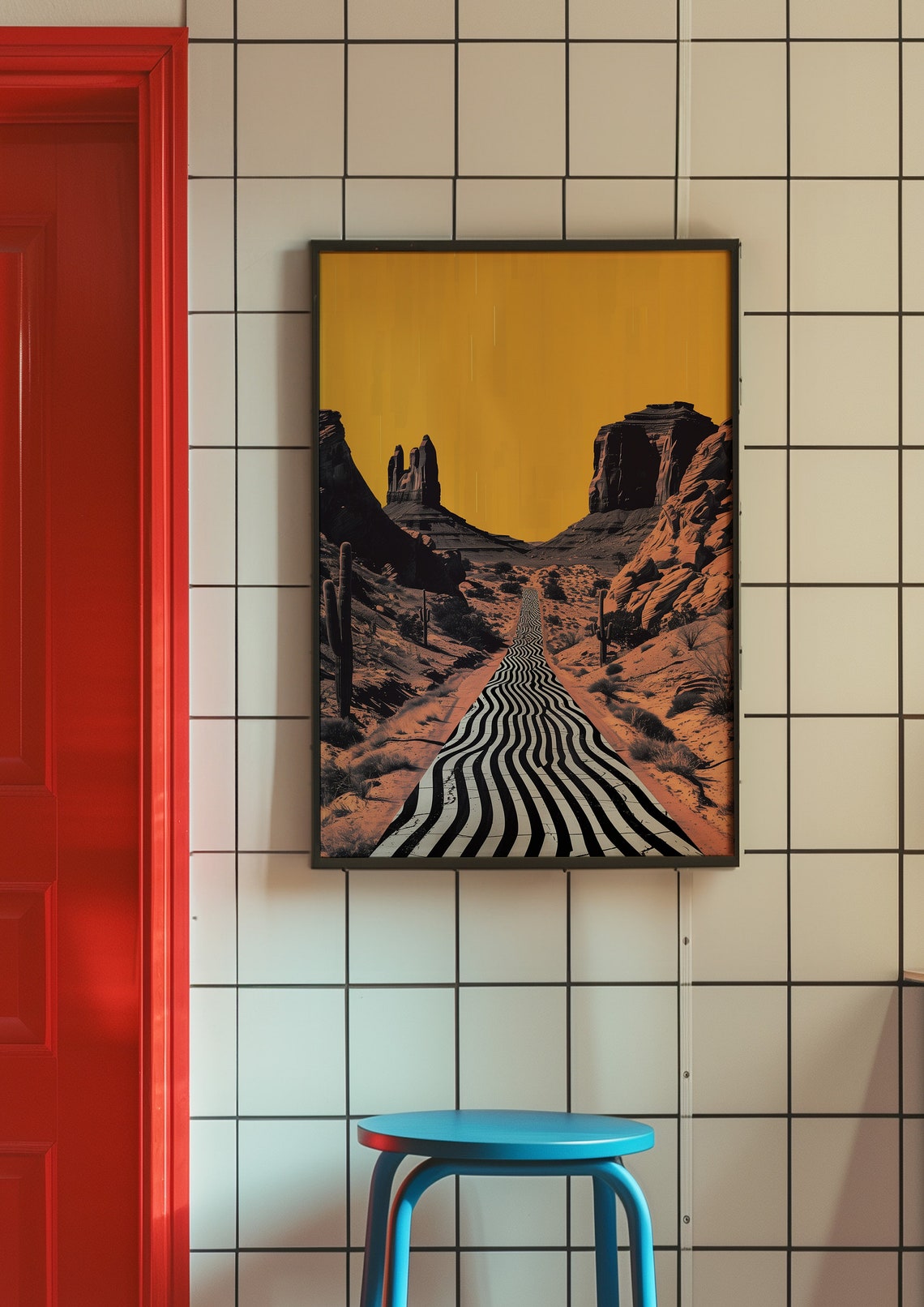 Graphic Wavy Striped Desert Canyon Road Under Golden Sky Poster - Image 3