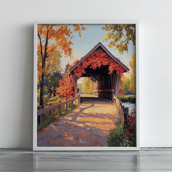 Covered Wooden Bridge Autumn Foliage Golden Fall Landscape Art Poster
