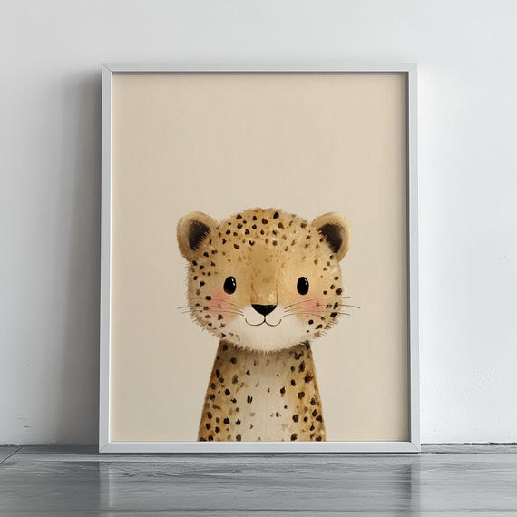 Adorable Baby Leopard Art Nursery Decor Childrens Book Style Cute Animal Portrait Kids Room Wall Jungle Theme 225