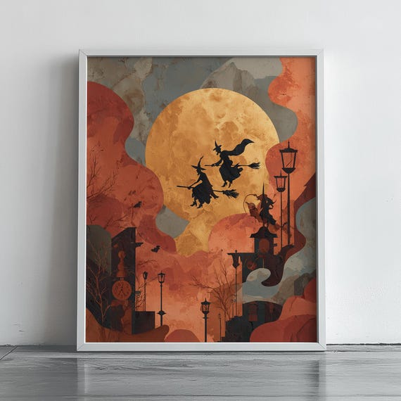 Flying Witches Full Moon Autumn Night Sky Halloween Art Poster