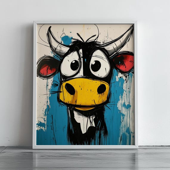 Colorful Abstract Cow Painting Quirky Animal Wall Art Playful Contemporary Decor Farmhouse Fun Illustration Print 255