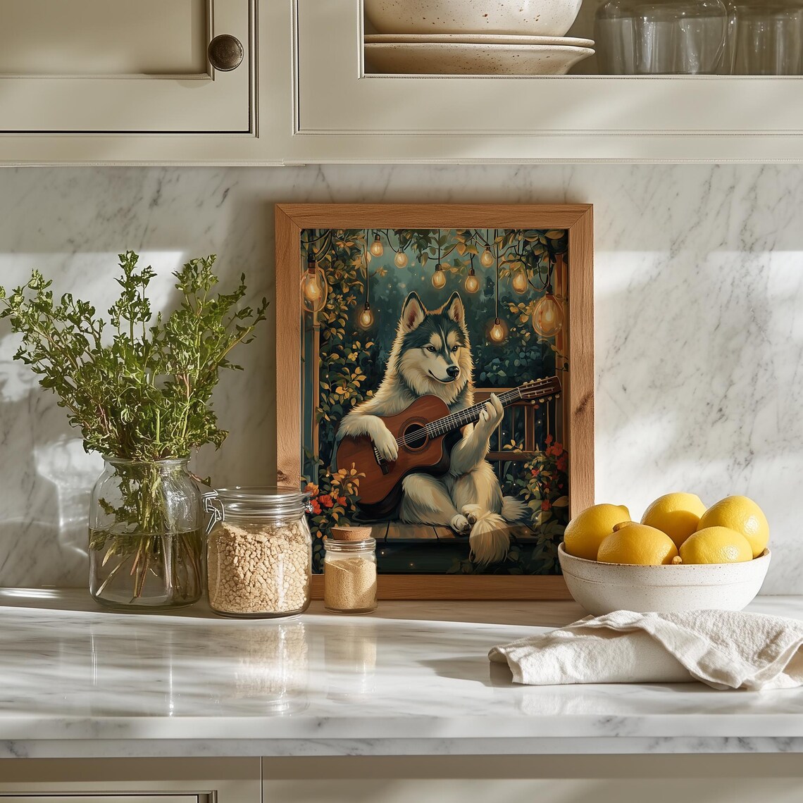Whimsical Husky Playing Guitar Poster Under String Lights Tropical Porch Scene