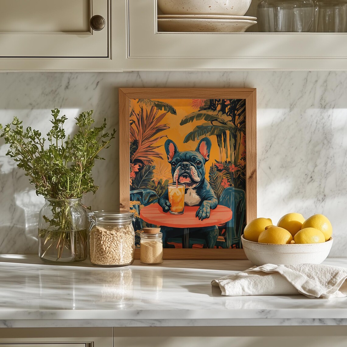 French Bulldog Sipping Orange Juice at Tropical Cafe Table Art Poster