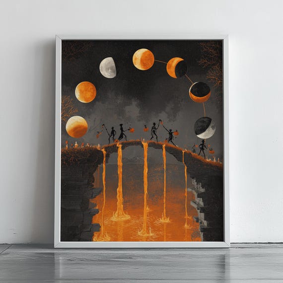 Moon Phases Arc Skeleton Bridge Pumpkin Halloween Night Art Poster