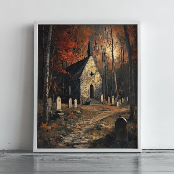 Moonlit Chapel In Autumn Woods Rustic Fall Night Scene Moody Landscape Art Vintage Cemetery Painting Wall Decor 406