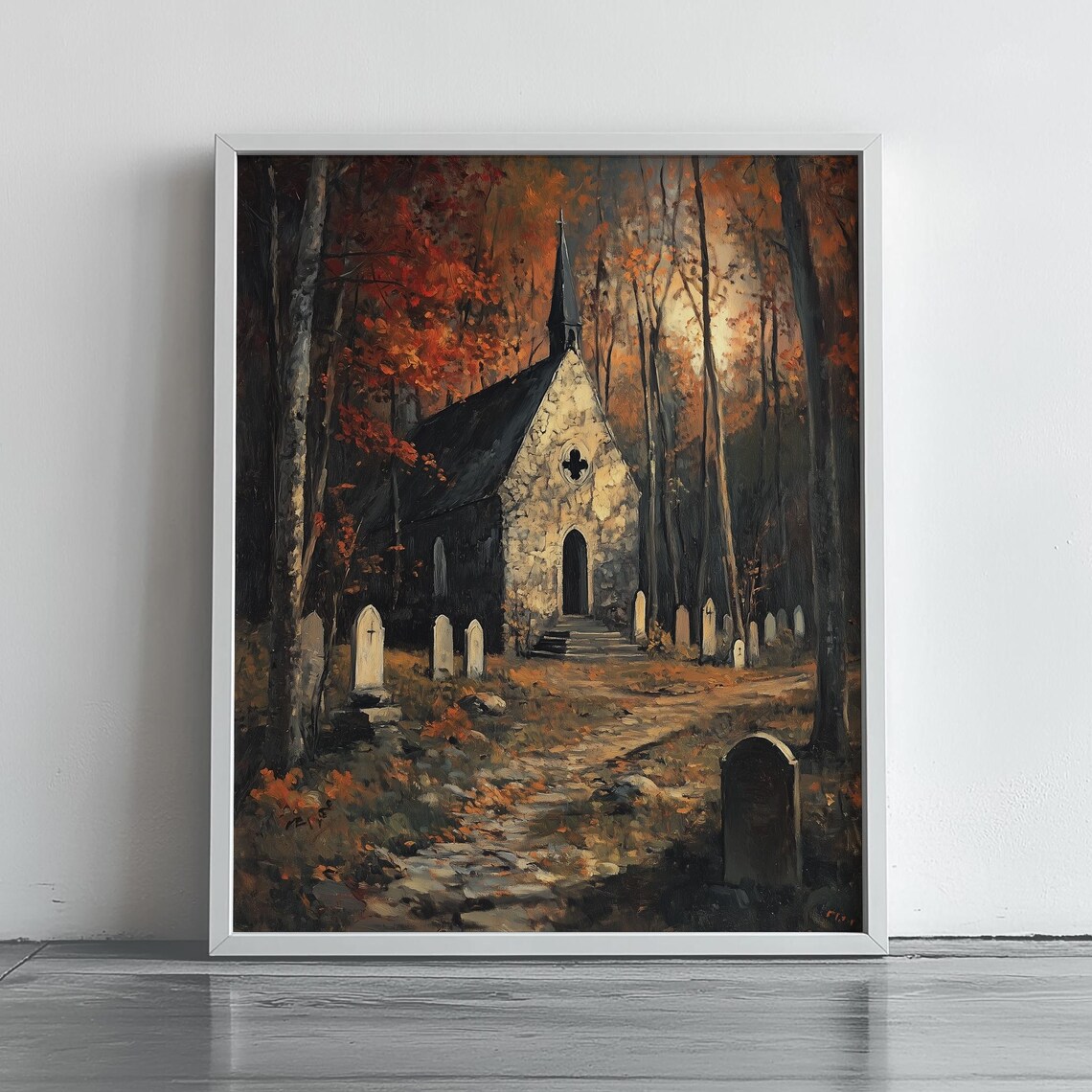Moonlit Stone Chapel In Autumn Woods Graveyard Oil Painting Poster