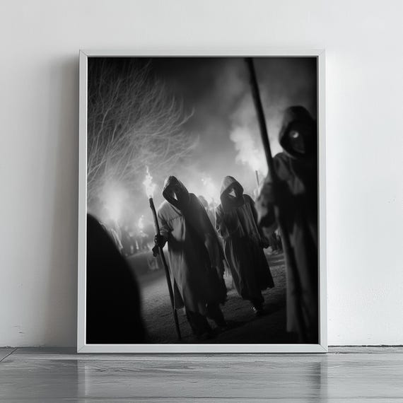 Hooded Figures Torchlit Night Parade Gothic Spooky Halloween Poster