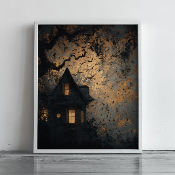 Haunted House With Bats Under Golden Night Sky Halloween Poster