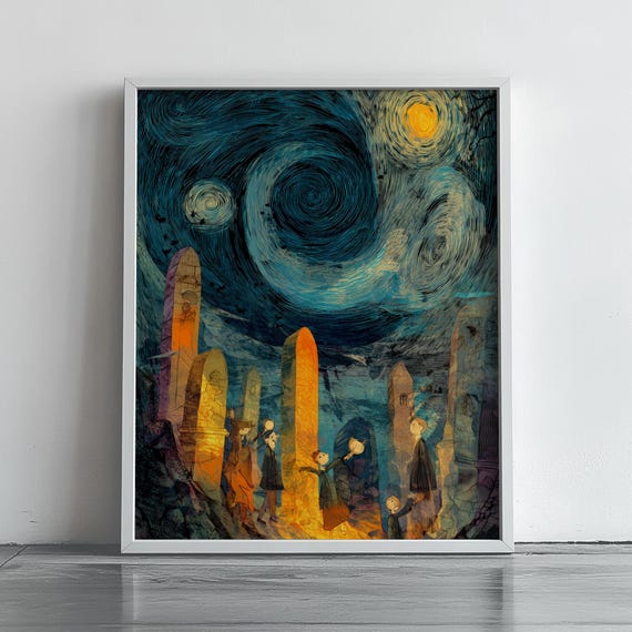 Surreal Starry Night Cemetery Monoliths Swirling Spooky Halloween Art Poster